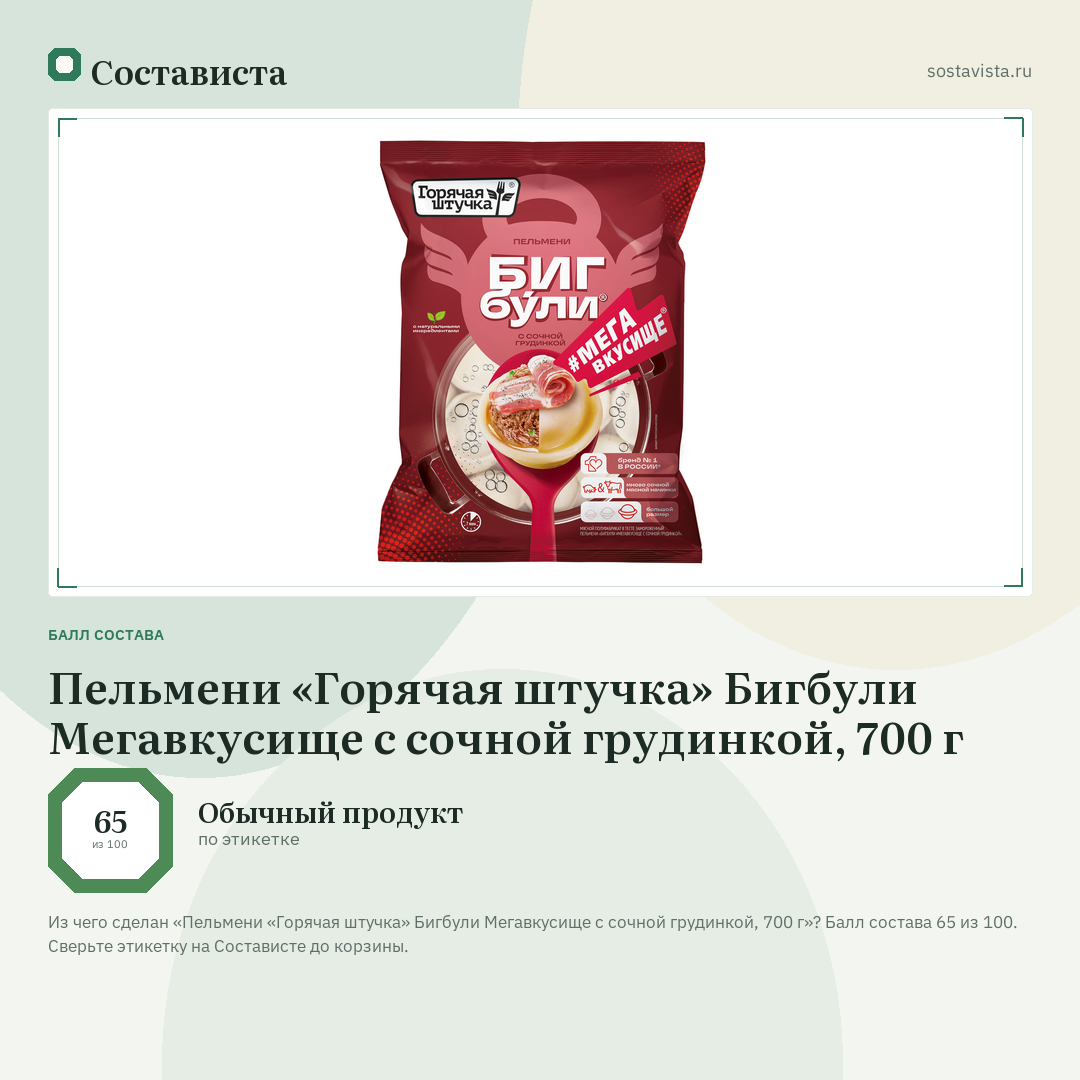 Пельмени «Горячая штучка» Бигбули Мегавкусище с сочной грудинкой, 700 г: балл состава 65 из 100 — Состависта