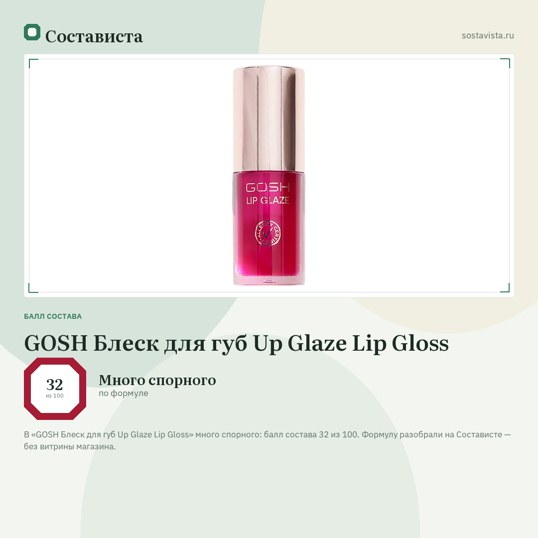 GOSH Блеск для губ Up Glaze Lip Gloss: балл состава 32 из 100 — Состависта