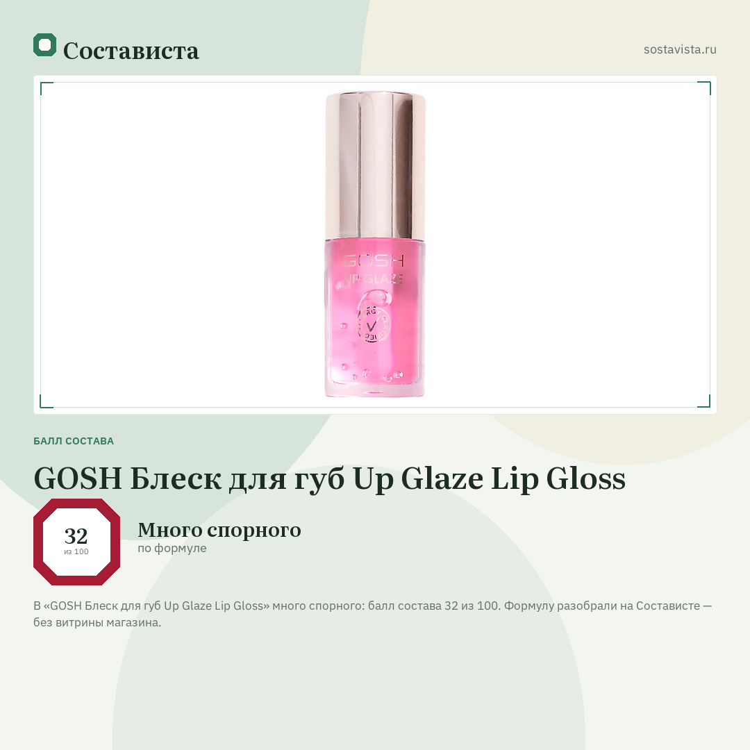 GOSH Блеск для губ Up Glaze Lip Gloss: балл состава 32 из 100 — Состависта