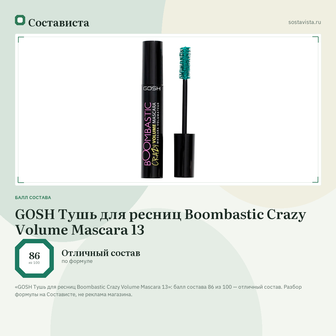 GOSH Тушь для ресниц Boombastic Crazy Volume Mascara 13: балл состава 86 из 100 — Состависта