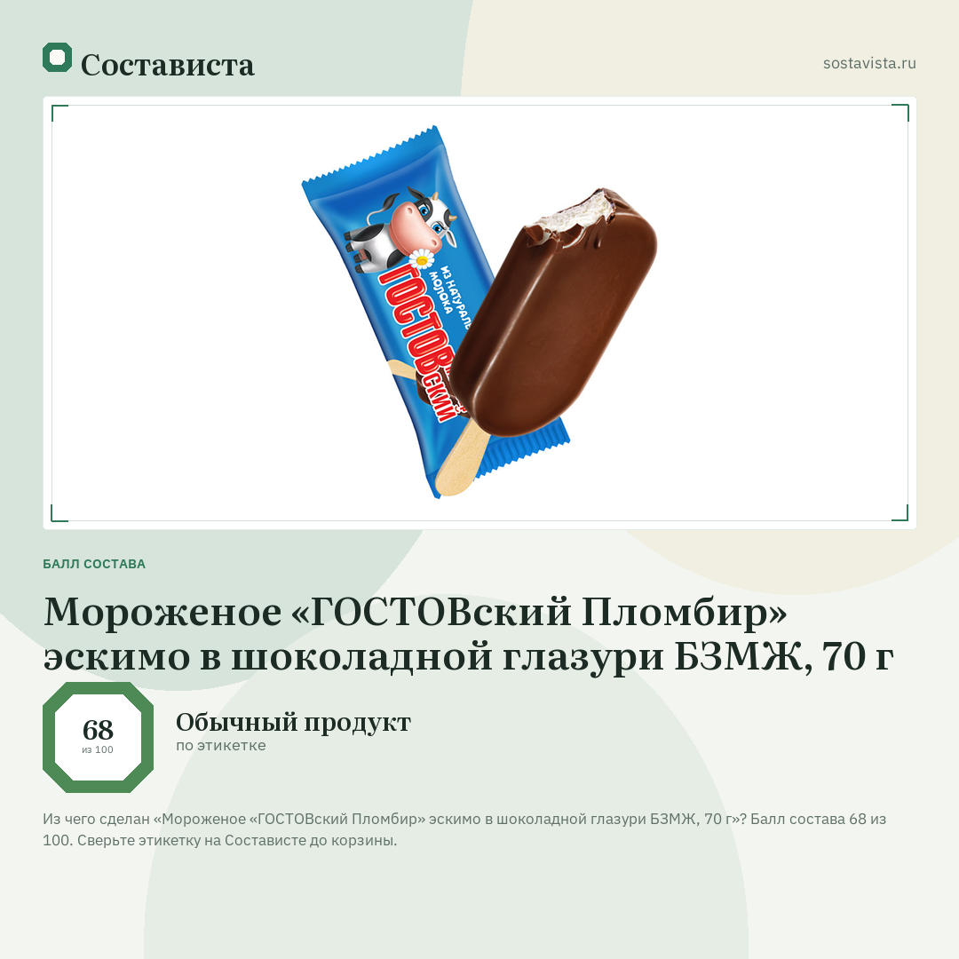 Мороженое «ГОСТОВский Пломбир» эскимо в шоколадной глазури БЗМЖ, 70 г: балл состава 68 из 100 — Состависта