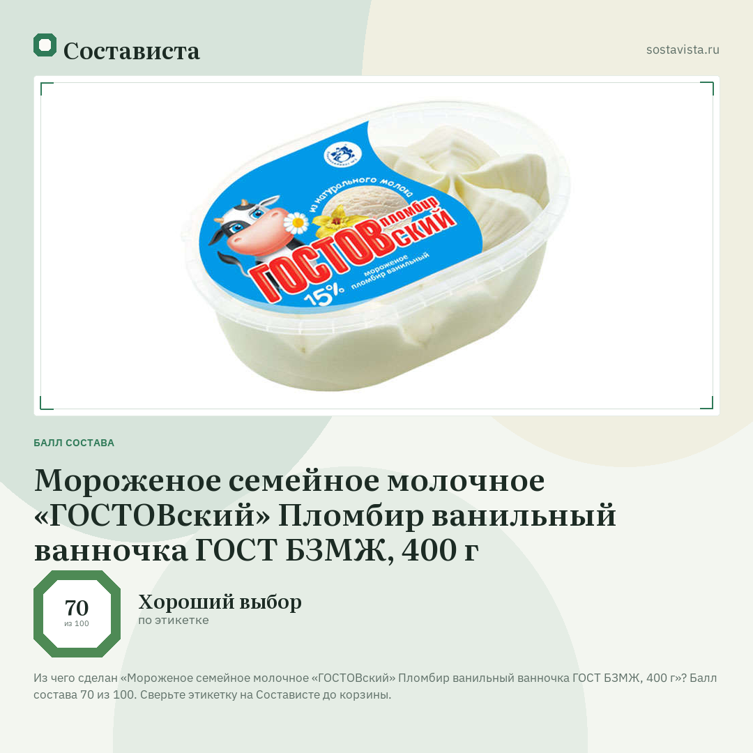 Мороженое семейное молочное «ГОСТОВский» Пломбир ванильный ванночка ГОСТ БЗМЖ, 400 г: балл состава 70 из 100 — Состависта