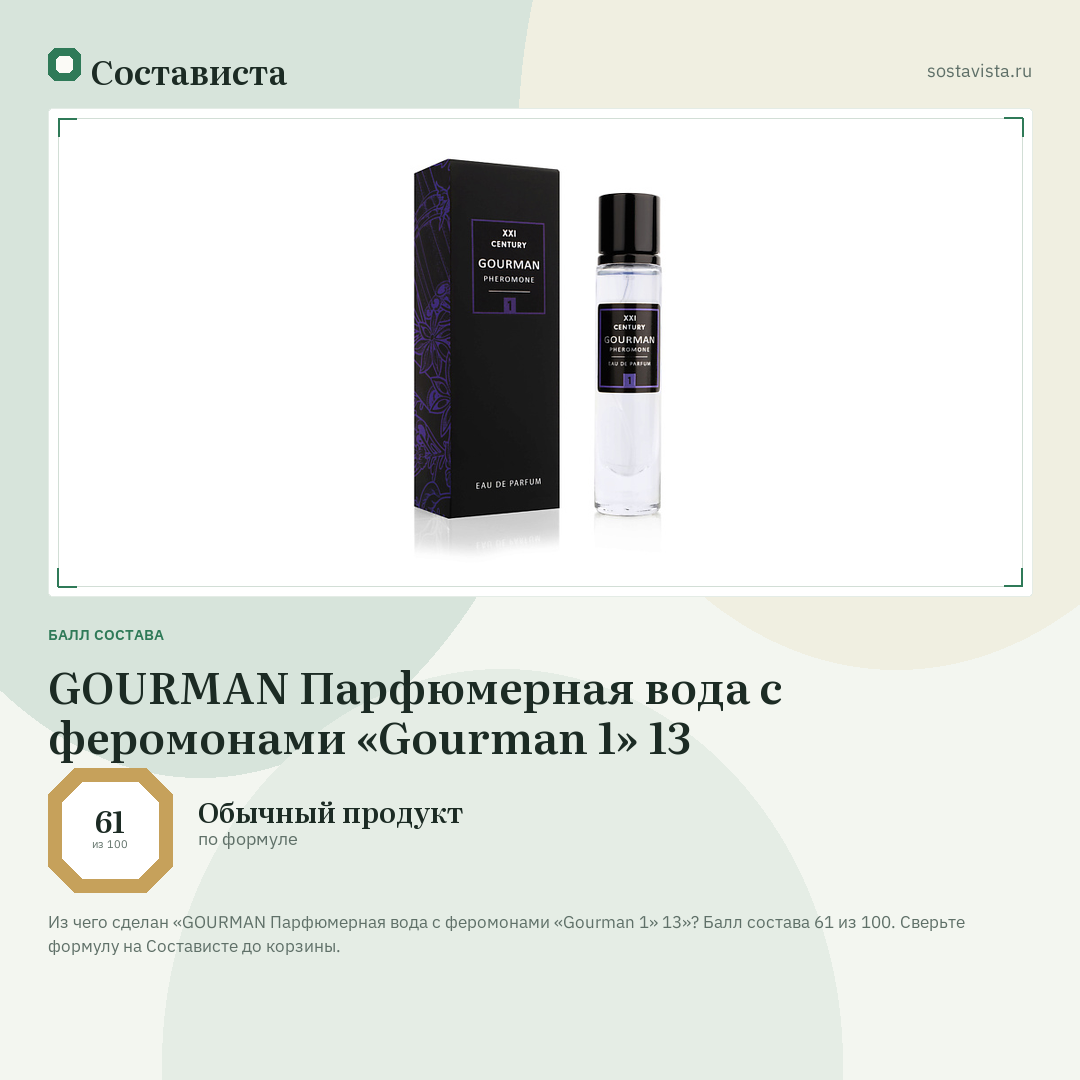 GOURMAN Парфюмерная вода с феромонами «Gourman 1» 13: балл состава 61 из 100 — Состависта