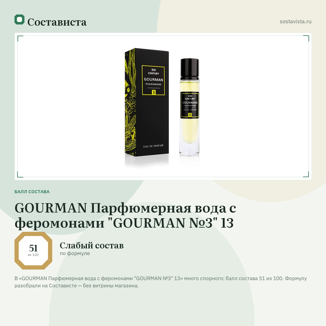 GOURMAN Парфюмерная вода с феромонами "GOURMAN №3" 13: балл состава 51 из 100 — Состависта