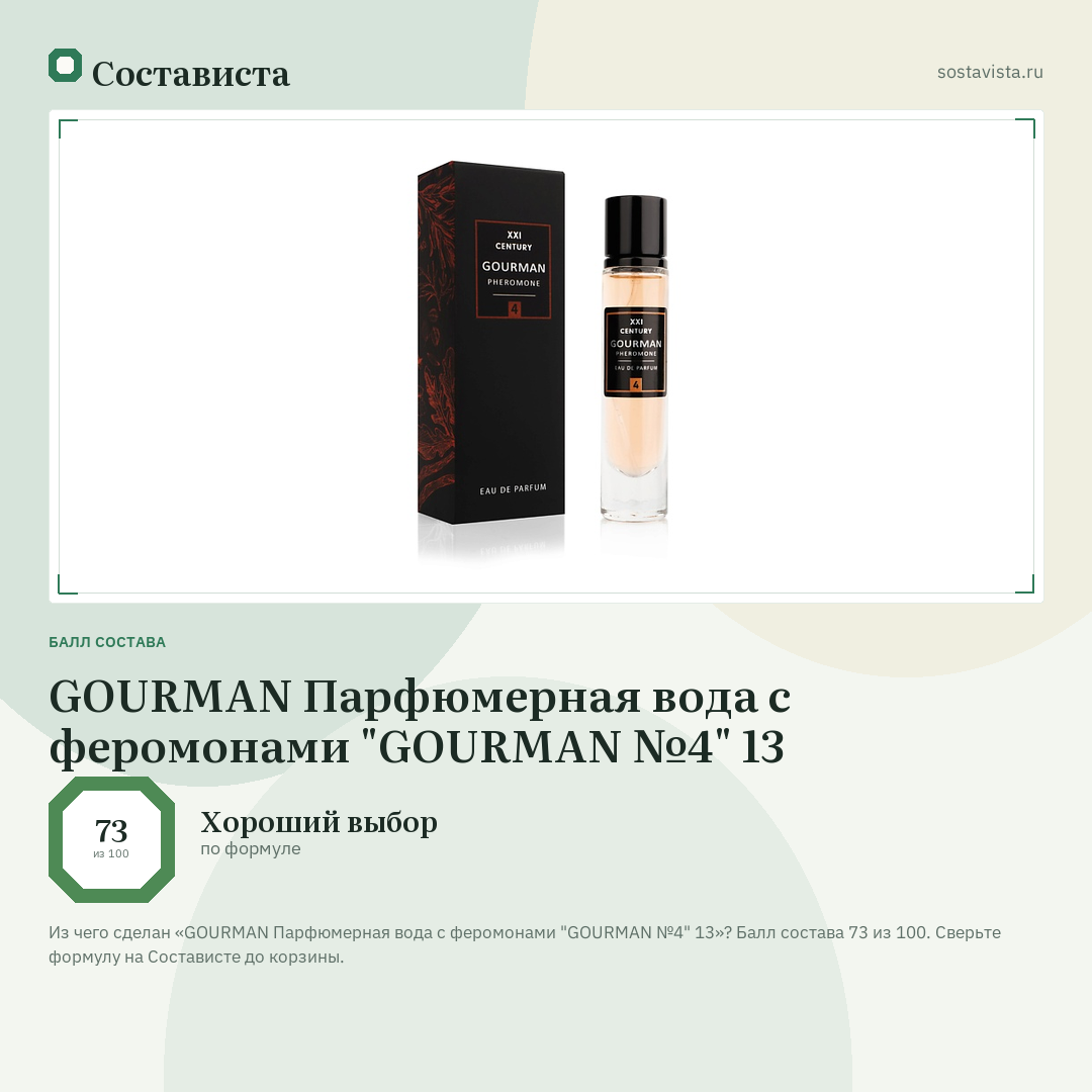 GOURMAN Парфюмерная вода с феромонами "GOURMAN №4" 13: балл состава 73 из 100 — Состависта