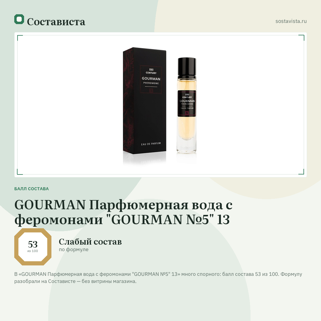 GOURMAN Парфюмерная вода с феромонами "GOURMAN №5" 13: балл состава 53 из 100 — Состависта