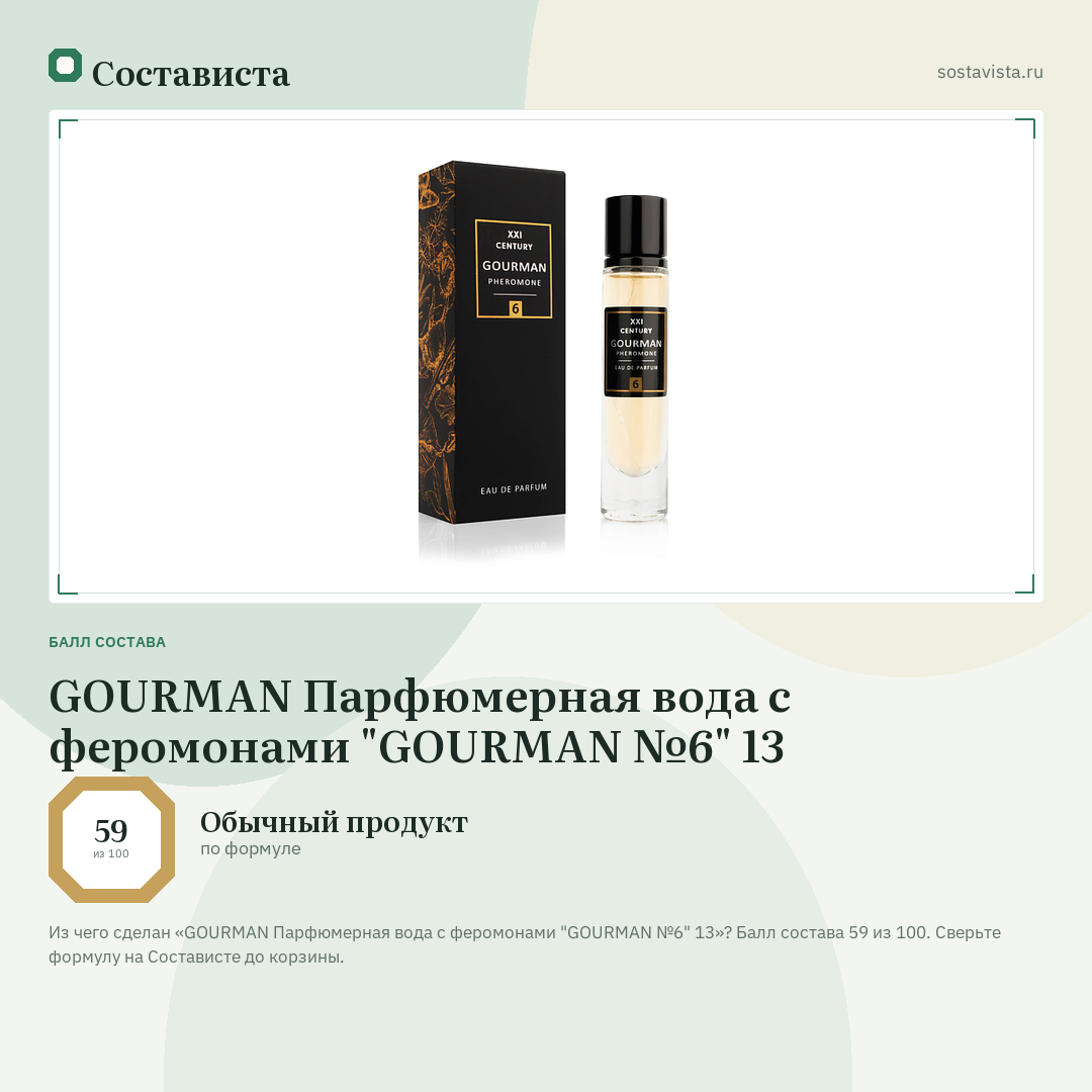 GOURMAN Парфюмерная вода с феромонами "GOURMAN №6" 13: балл состава 59 из 100 — Состависта
