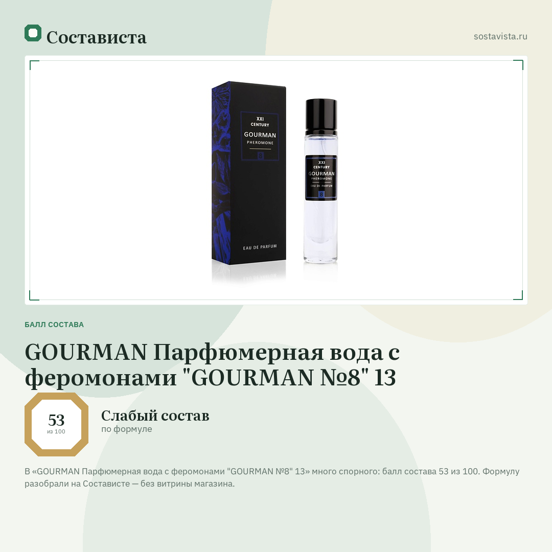 GOURMAN Парфюмерная вода с феромонами "GOURMAN №8" 13: балл состава 53 из 100 — Состависта