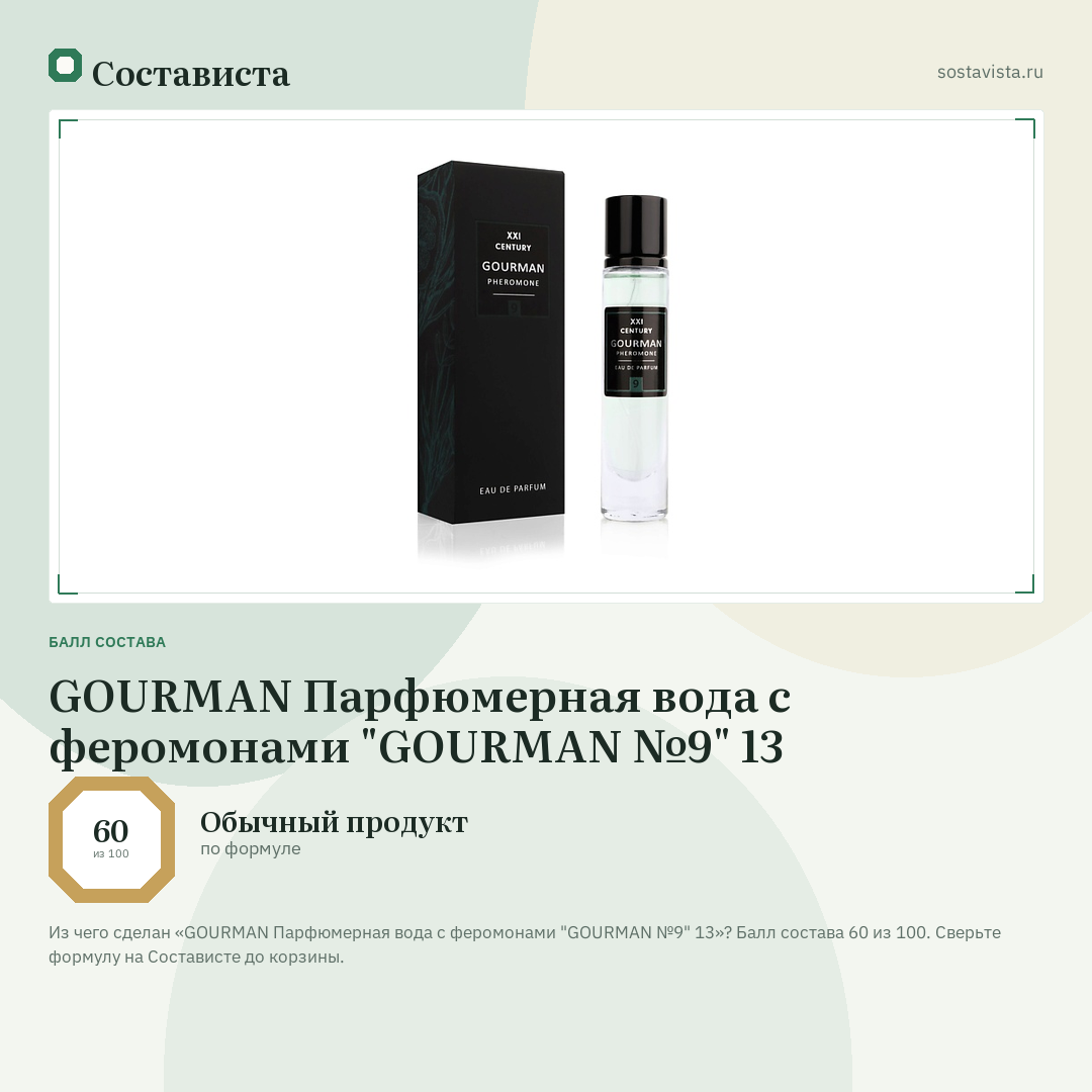 GOURMAN Парфюмерная вода с феромонами "GOURMAN №9" 13: балл состава 60 из 100 — Состависта