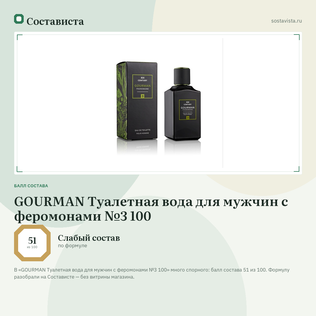 GOURMAN Туалетная вода для мужчин с феромонами №3 100: балл состава 51 из 100 — Состависта