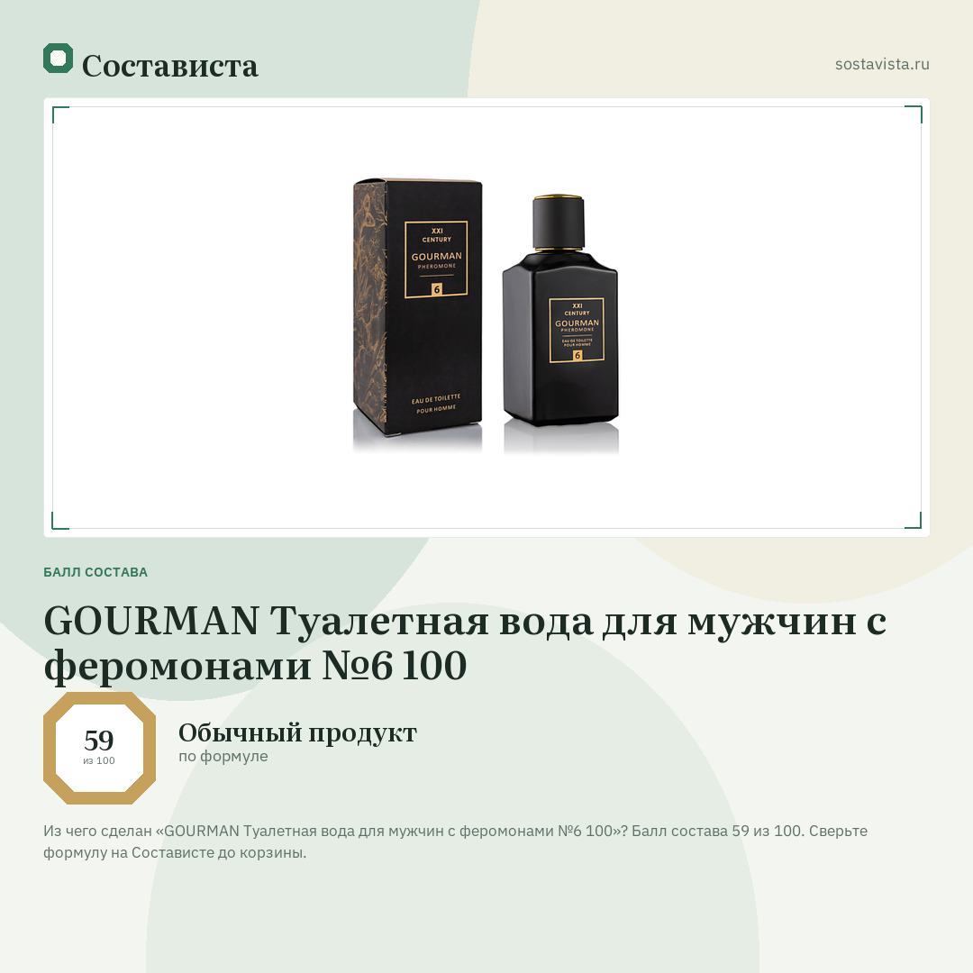 GOURMAN Туалетная вода для мужчин с феромонами №6 100: балл состава 59 из 100 — Состависта