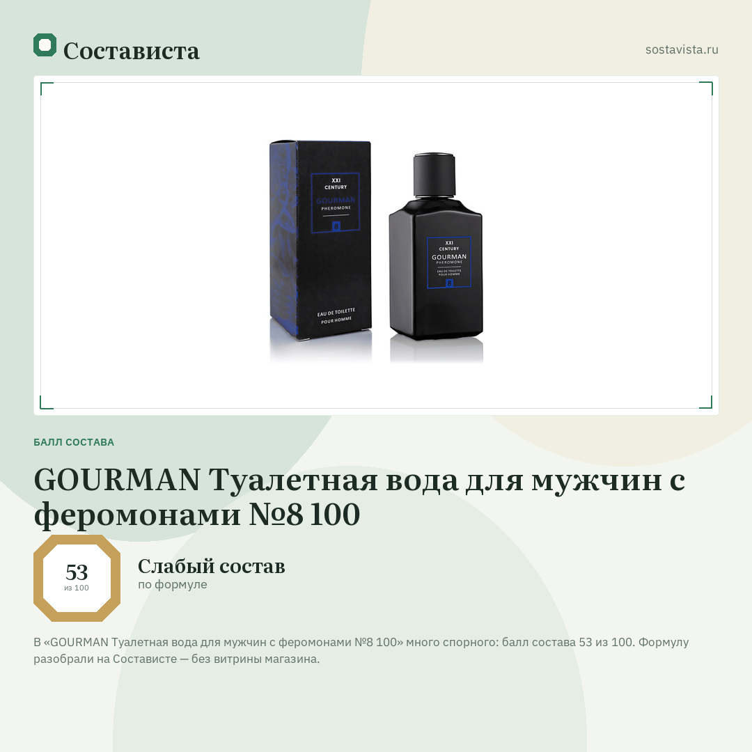 GOURMAN Туалетная вода для мужчин с феромонами №8 100: балл состава 53 из 100 — Состависта