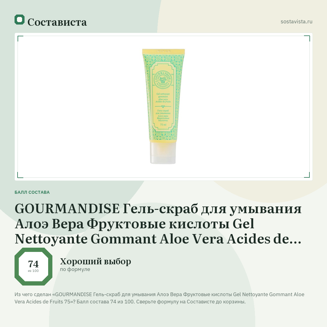 GOURMANDISE Гель-скраб для умывания Алоэ Вера Фруктовые кислоты Gel Nettoyante Gommant Aloe Vera Acides de Fruits 75: балл состава 74 из 100 — Состависта