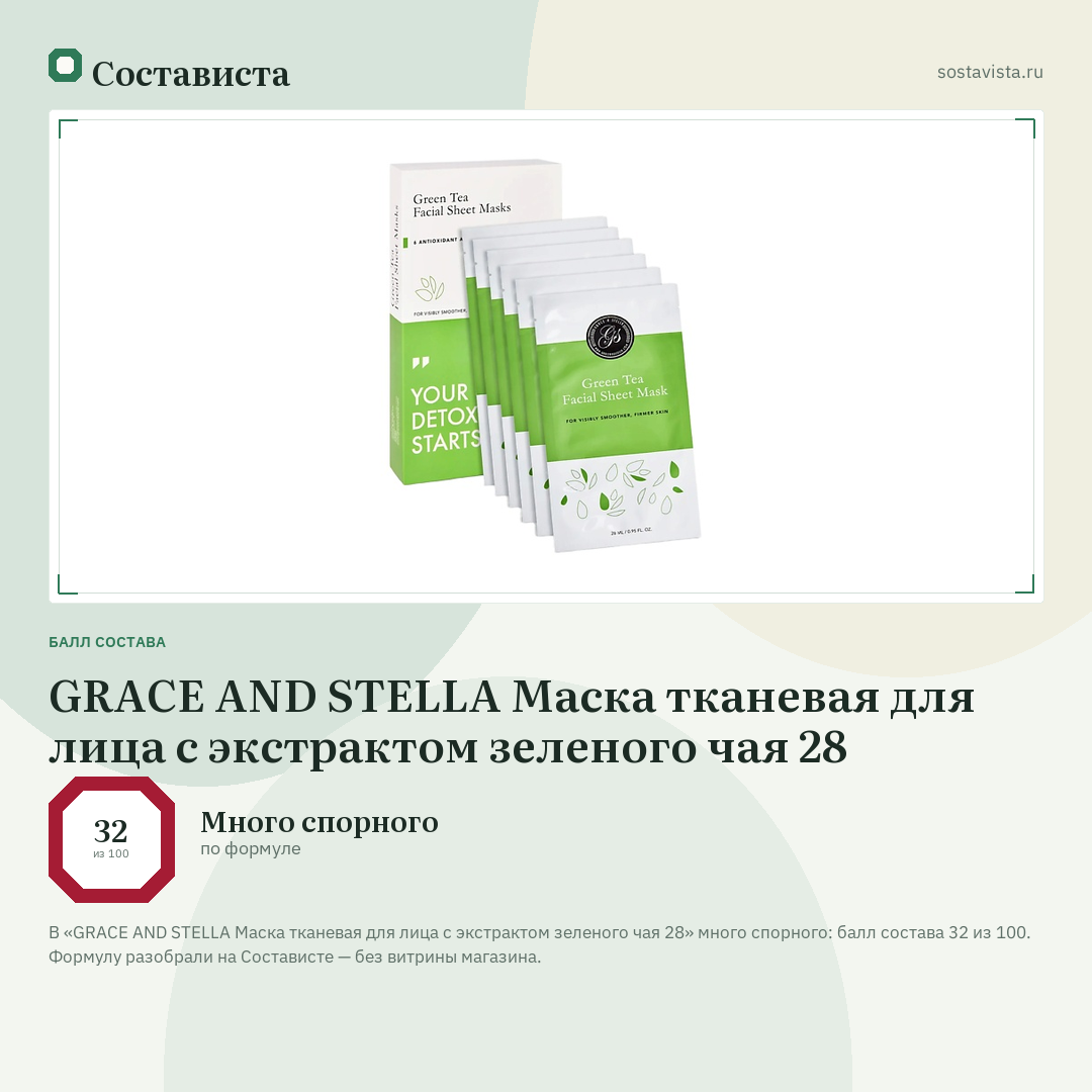 GRACE AND STELLA Маска тканевая для лица с экстрактом зеленого чая 28: балл состава 32 из 100 — Состависта