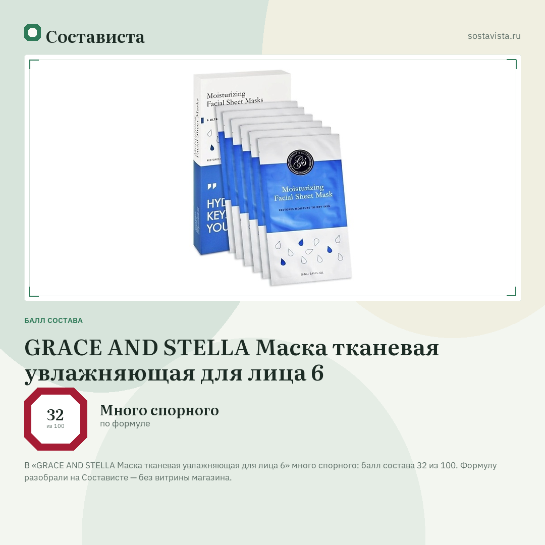 GRACE AND STELLA Маска тканевая увлажняющая для лица 6: балл состава 32 из 100 — Состависта