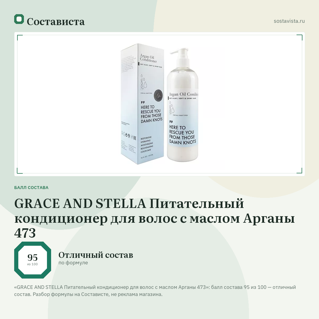 GRACE AND STELLA Питательный кондиционер для волос с маслом Арганы 473: балл состава 95 из 100 — Состависта