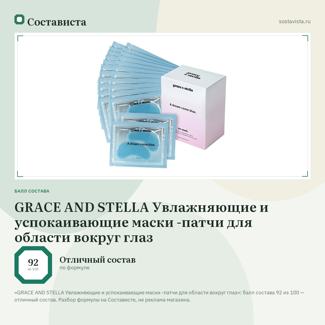 GRACE AND STELLA Увлажняющие и успокаивающие маски -патчи для области вокруг глаз: балл состава 92 из 100 — Состависта