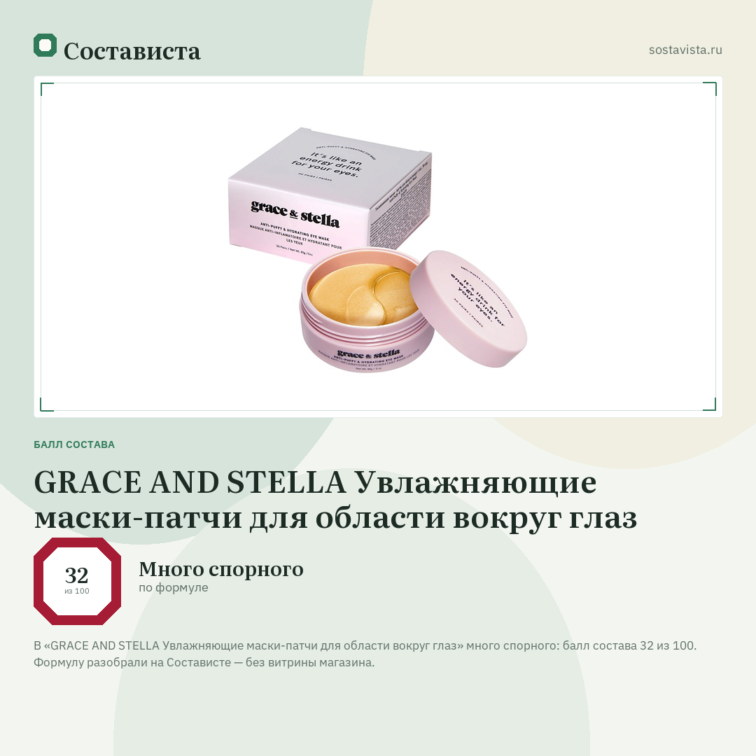 GRACE AND STELLA Увлажняющие маски-патчи для области вокруг глаз: балл состава 32 из 100 — Состависта