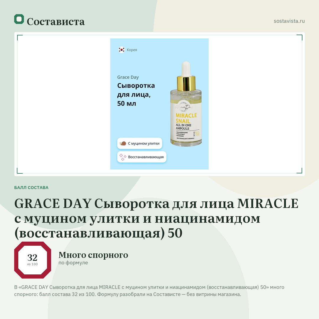 GRACE DAY Сыворотка для лица MIRACLE с муцином улитки и ниацинамидом (восстанавливающая) 50: балл состава 32 из 100 — Состависта