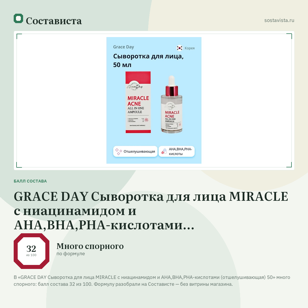 GRACE DAY Сыворотка для лица MIRACLE с ниацинамидом и AHA,BHA,PHA-кислотами (отшелушивающая) 50: балл состава 32 из 100 — Состависта