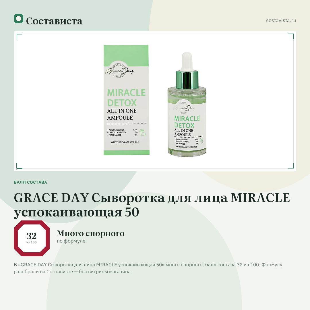 GRACE DAY Сыворотка для лица MIRACLE успокаивающая 50: балл состава 32 из 100 — Состависта