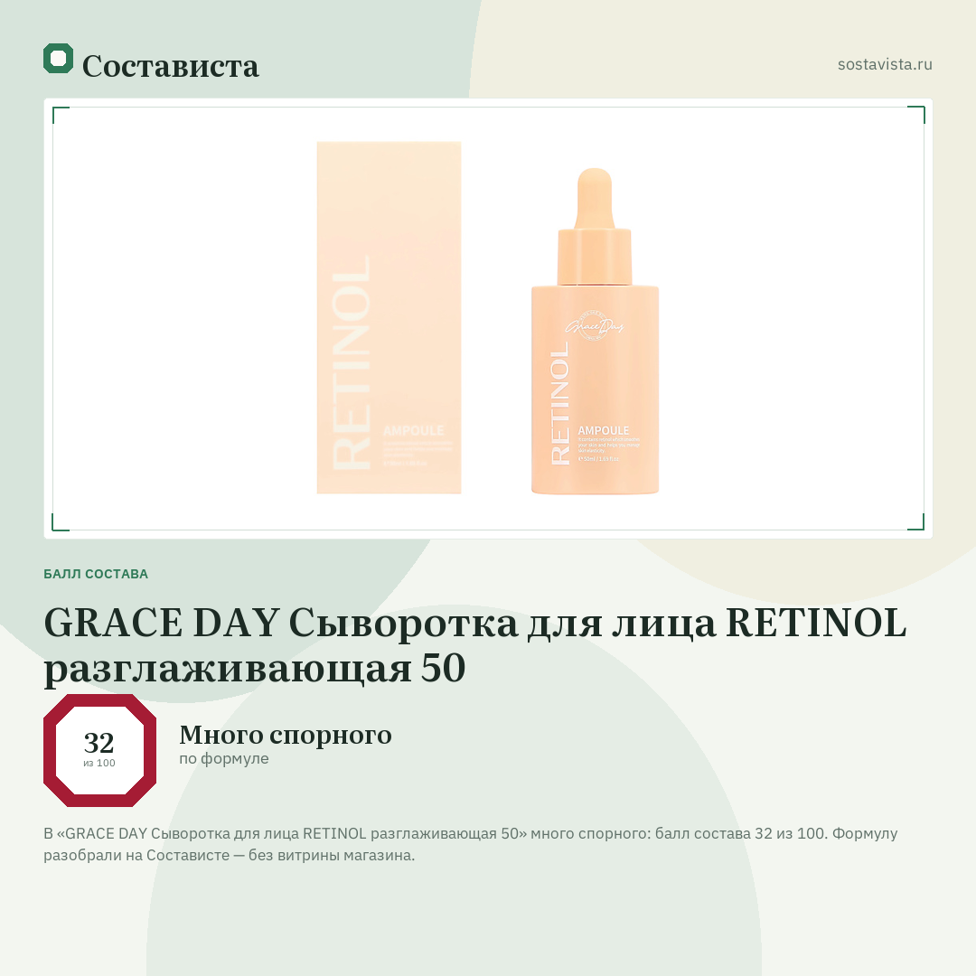 GRACE DAY Сыворотка для лица RETINOL разглаживающая 50: балл состава 32 из 100 — Состависта