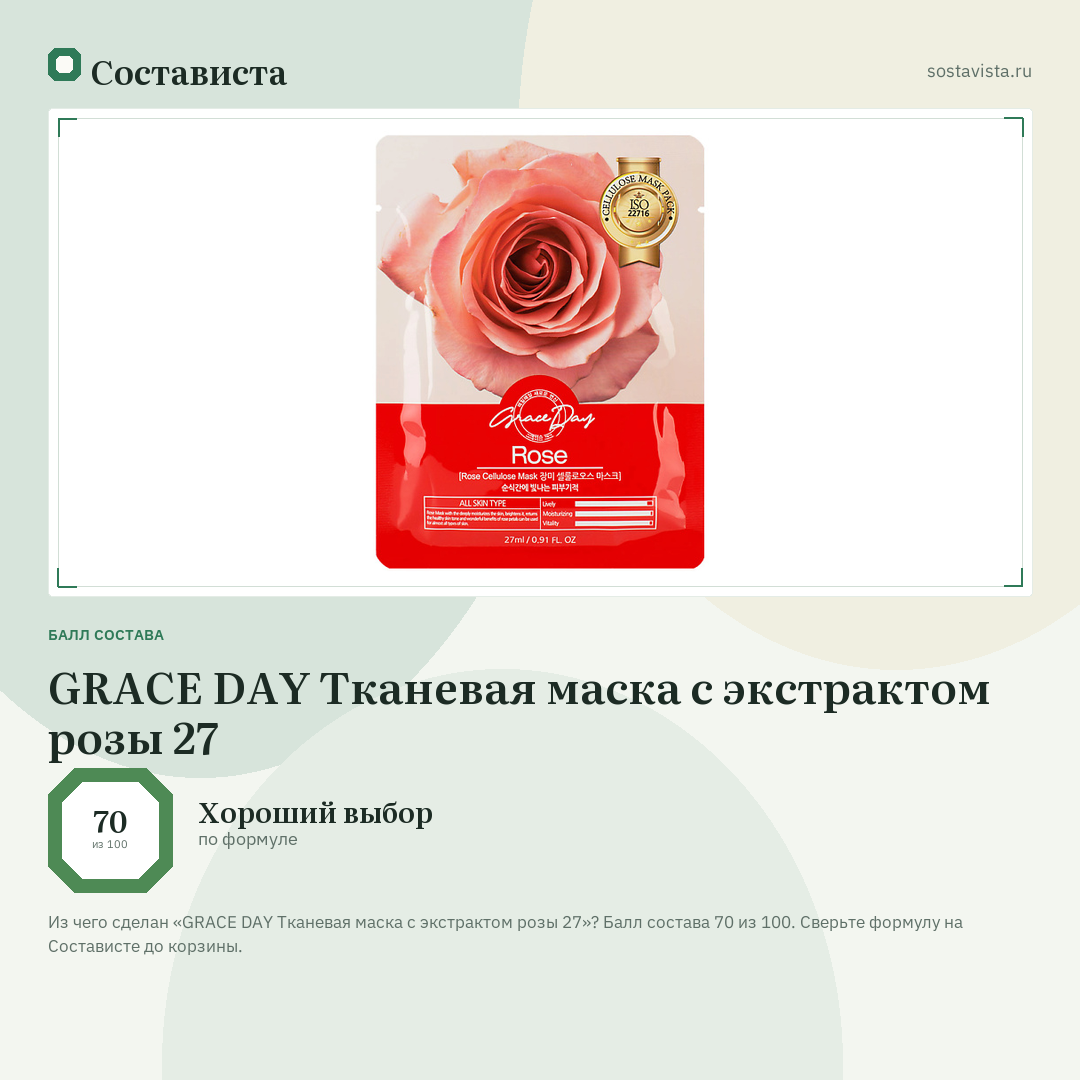 GRACE DAY Тканевая маска с экстрактом розы 27: балл состава 70 из 100 — Состависта