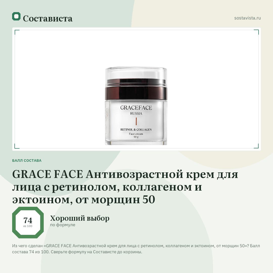 GRACE FACE Антивозрастной крем для лица с ретинолом, коллагеном и эктоином, от морщин 50: балл состава 74 из 100 — Состависта
