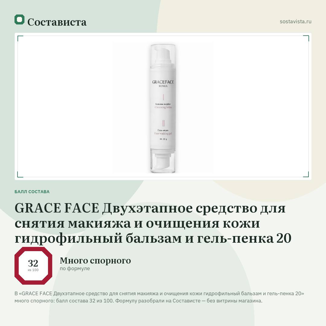 GRACE FACE Двухэтапное средство для снятия макияжа и очищения кожи гидрофильный бальзам и гель-пенка 20: балл состава 32 из 100 — Состависта