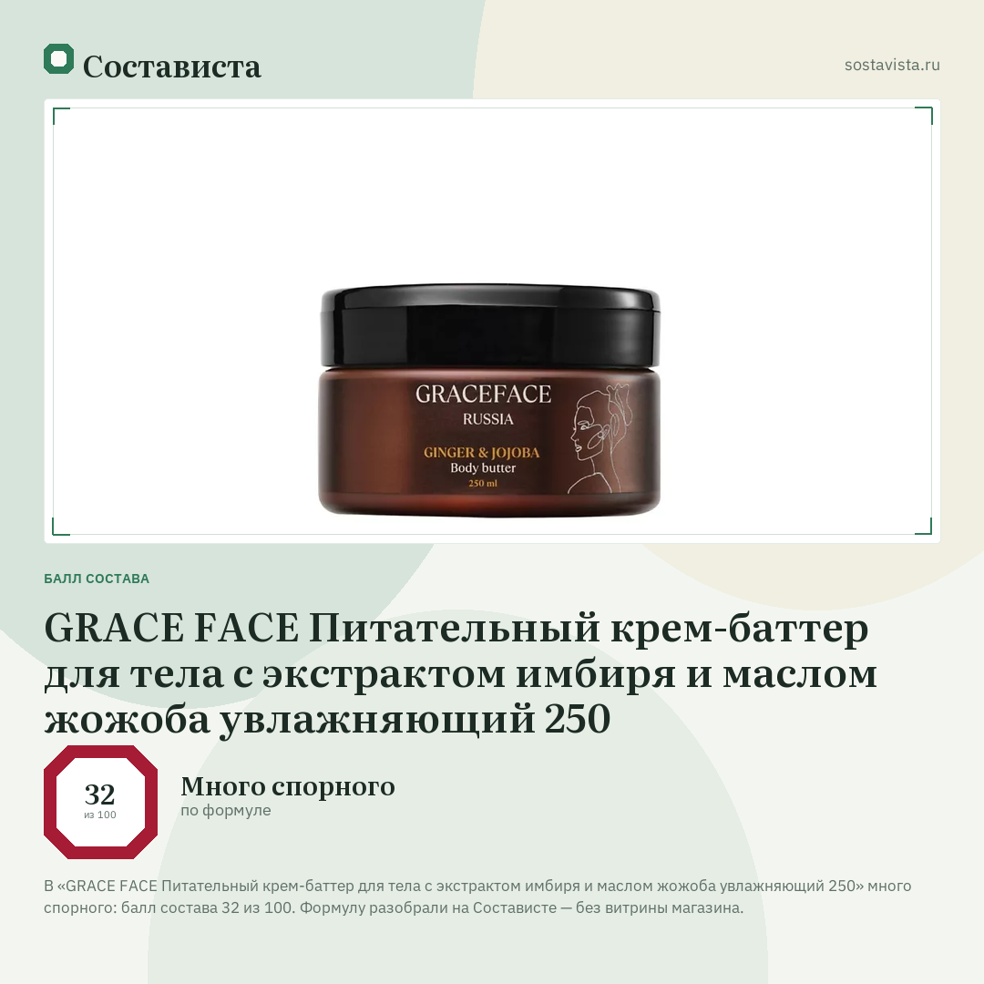 GRACE FACE Питательный крем-баттер для тела с экстрактом имбиря и маслом жожоба увлажняющий 250: балл состава 32 из 100 — Состависта