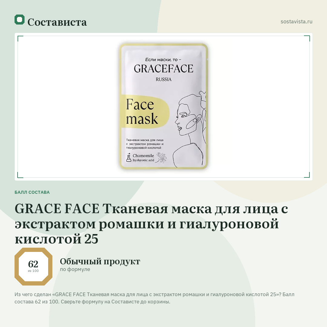 GRACE FACE Тканевая маска для лица с экстрактом ромашки и гиалуроновой кислотой 25: балл состава 62 из 100 — Состависта