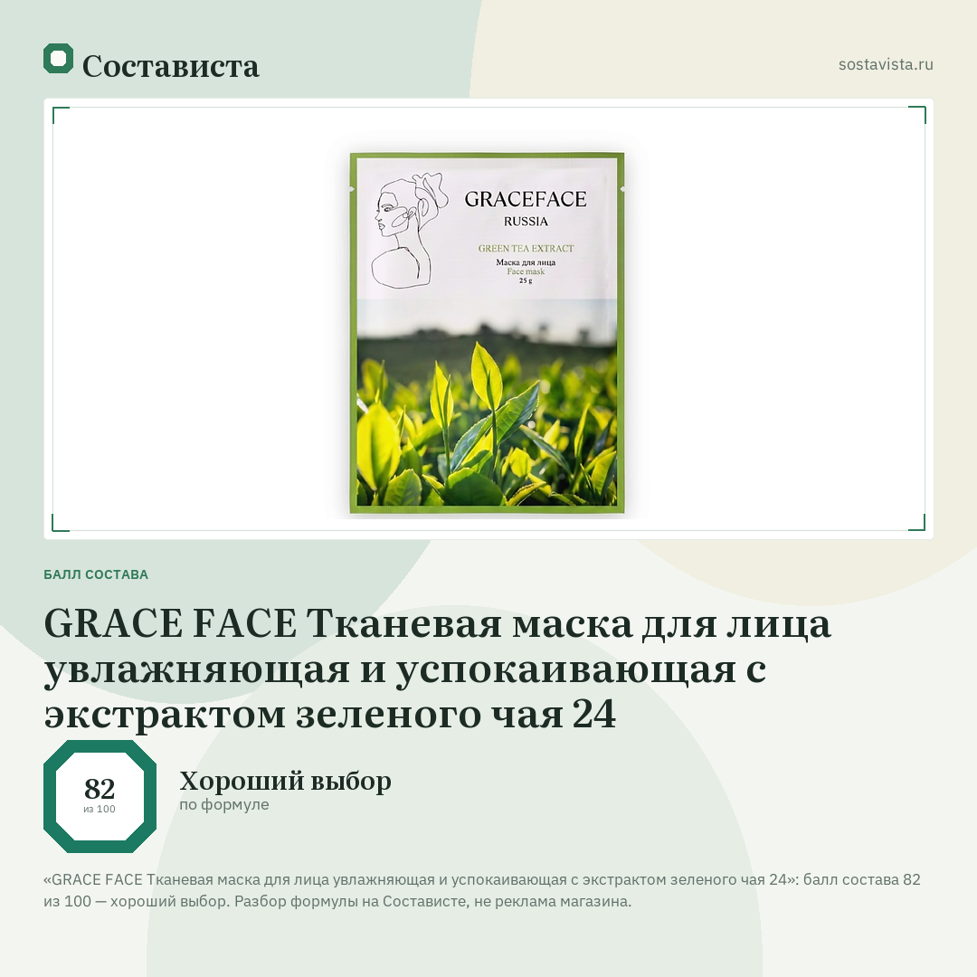 GRACE FACE Тканевая маска для лица увлажняющая и успокаивающая с экстрактом зеленого чая 24: балл состава 82 из 100 — Состависта