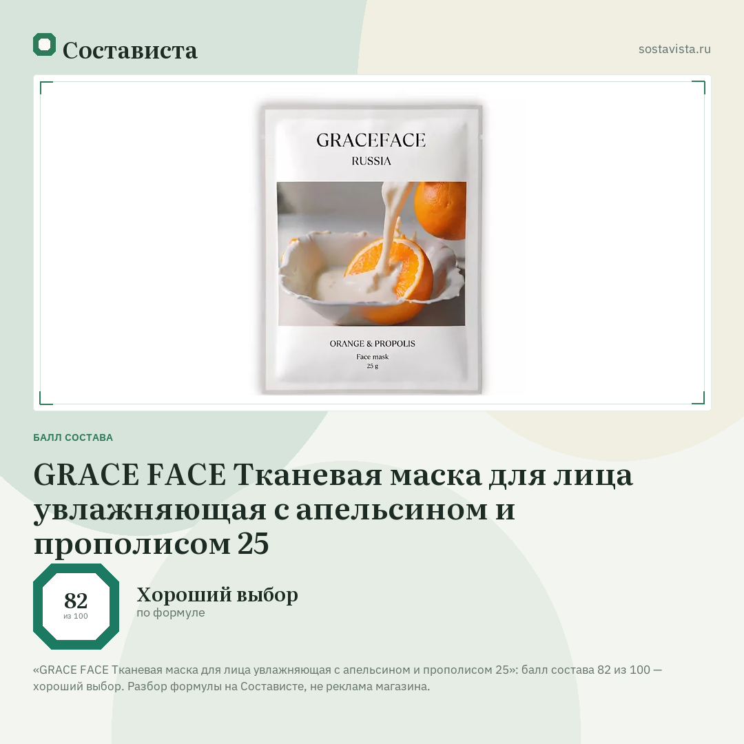 GRACE FACE Тканевая маска для лица увлажняющая с апельсином и прополисом 25: балл состава 82 из 100 — Состависта