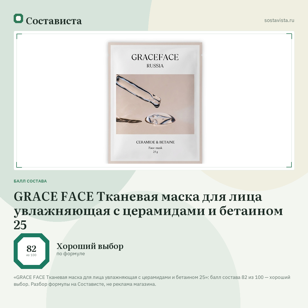 GRACE FACE Тканевая маска для лица увлажняющая с церамидами и бетаином 25: балл состава 82 из 100 — Состависта