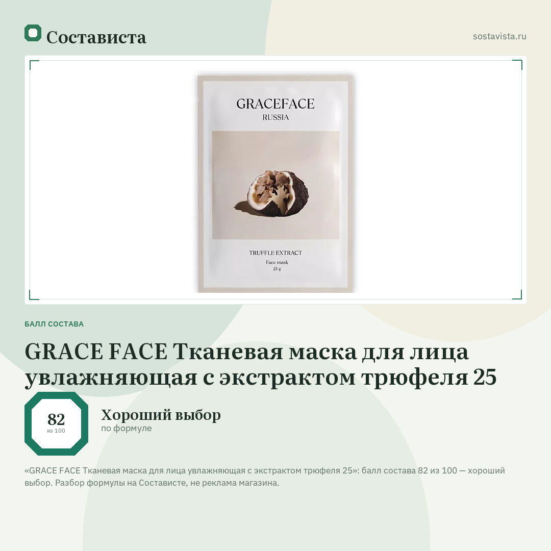 GRACE FACE Тканевая маска для лица увлажняющая с экстрактом трюфеля 25: балл состава 82 из 100 — Состависта