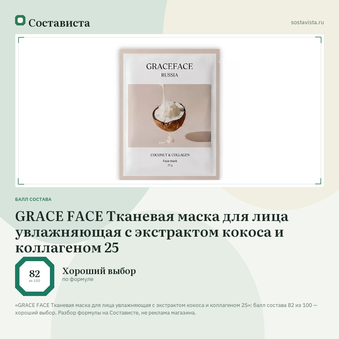 GRACE FACE Тканевая маска для лица увлажняющая с экстрактом кокоса и коллагеном 25: балл состава 82 из 100 — Состависта