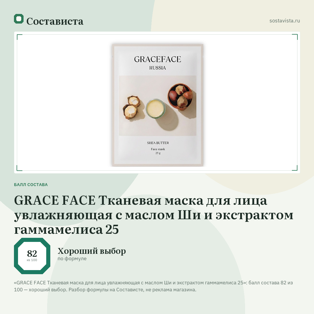 GRACE FACE Тканевая маска для лица увлажняющая с маслом Ши и экстрактом гаммамелиса 25: балл состава 82 из 100 — Состависта