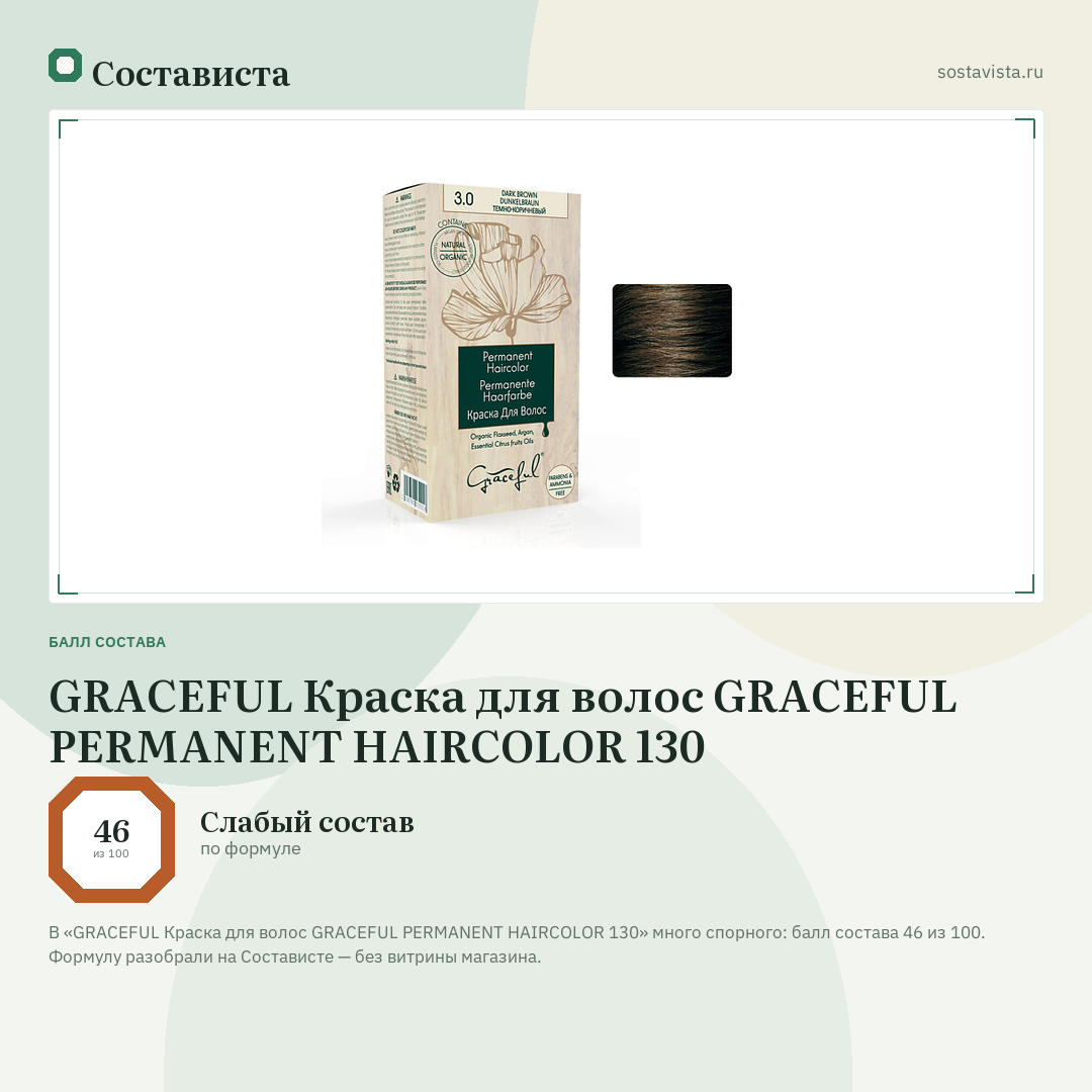 GRACEFUL Краска для волос GRACEFUL PERMANENT HAIRCOLOR 130: балл состава 46 из 100 — Состависта