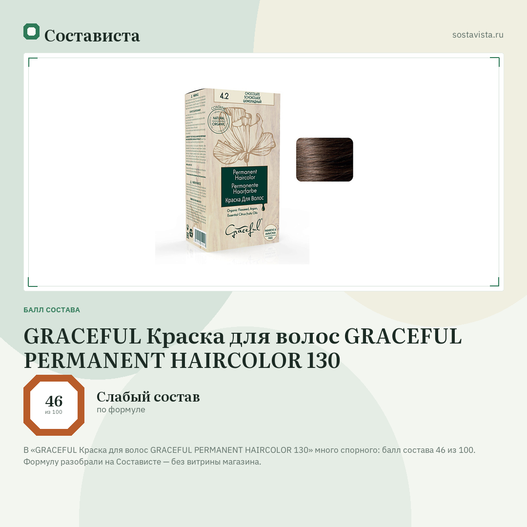 GRACEFUL Краска для волос GRACEFUL PERMANENT HAIRCOLOR 130: балл состава 46 из 100 — Состависта