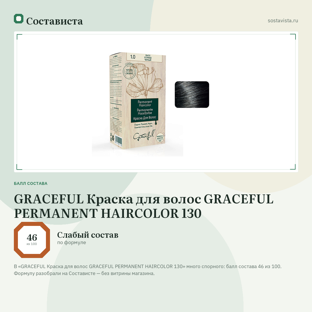 GRACEFUL Краска для волос GRACEFUL PERMANENT HAIRCOLOR 130: балл состава 46 из 100 — Состависта