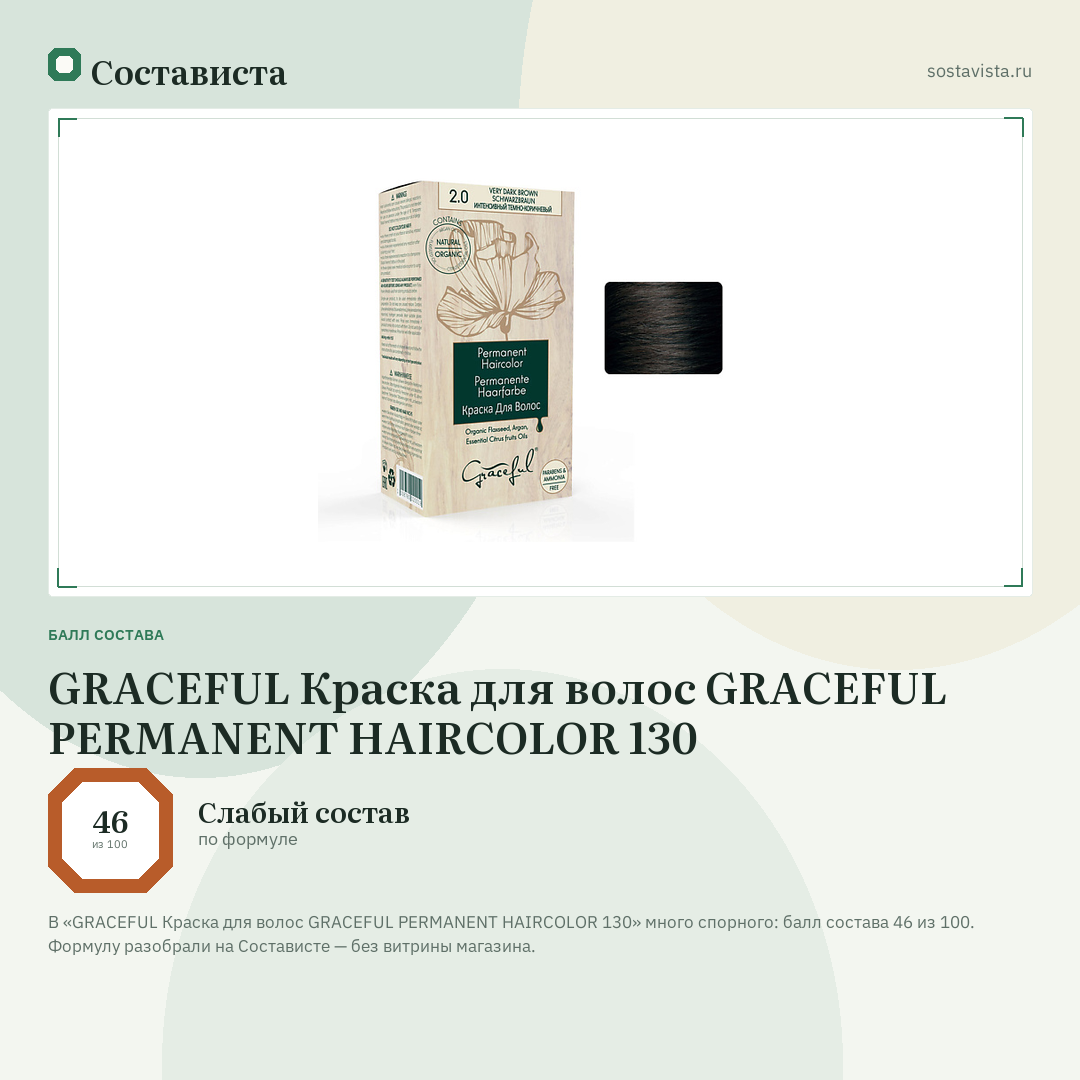 GRACEFUL Краска для волос GRACEFUL PERMANENT HAIRCOLOR 130: балл состава 46 из 100 — Состависта