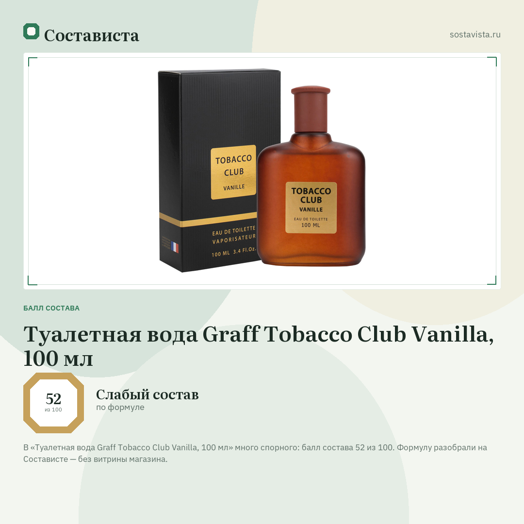 Туалетная вода Graff Tobacco Club Vanilla, 100 мл: балл состава 52 из 100 — Состависта