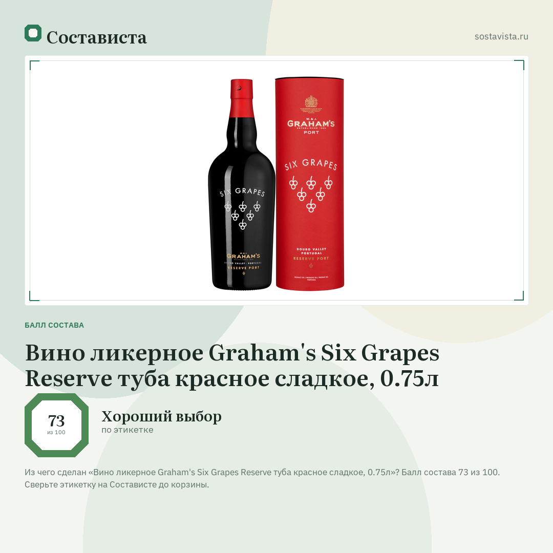 Вино ликерное Graham's Six Grapes Reserve туба красное сладкое, 0.75л: балл состава 73 из 100 — Состависта