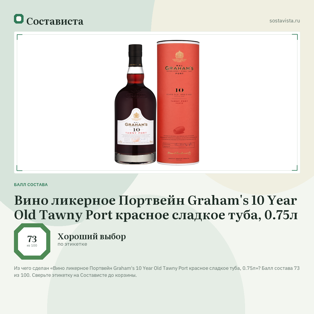 Вино ликерное Портвейн Graham's 10 Year Old Tawny Port красное сладкое туба, 0.75л: балл состава 73 из 100 — Состависта