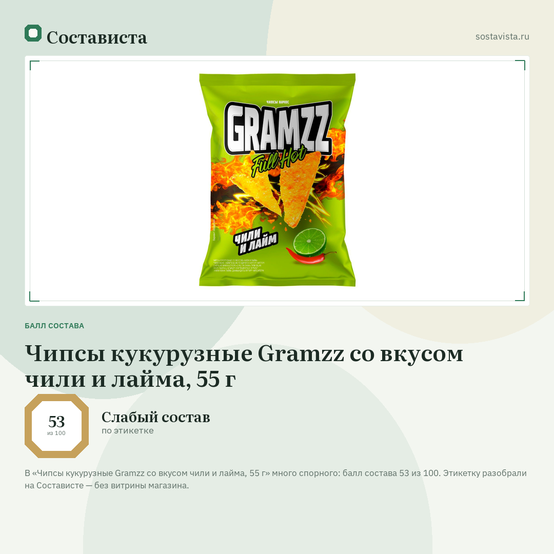 Чипсы кукурузные Gramzz со вкусом чили и лайма, 55 г: балл состава 53 из 100 — Состависта