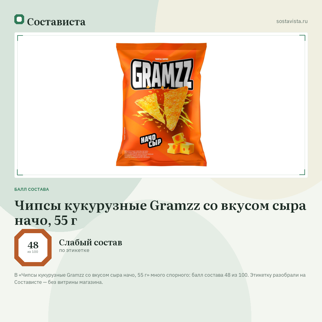 Чипсы кукурузные Gramzz со вкусом сыра начо, 55 г: балл состава 48 из 100 — Состависта