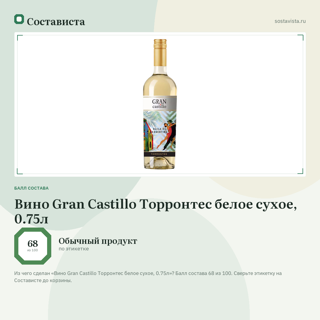 Вино Gran Castillo Торронтес белое сухое, 0.75л: балл состава 68 из 100 — Состависта