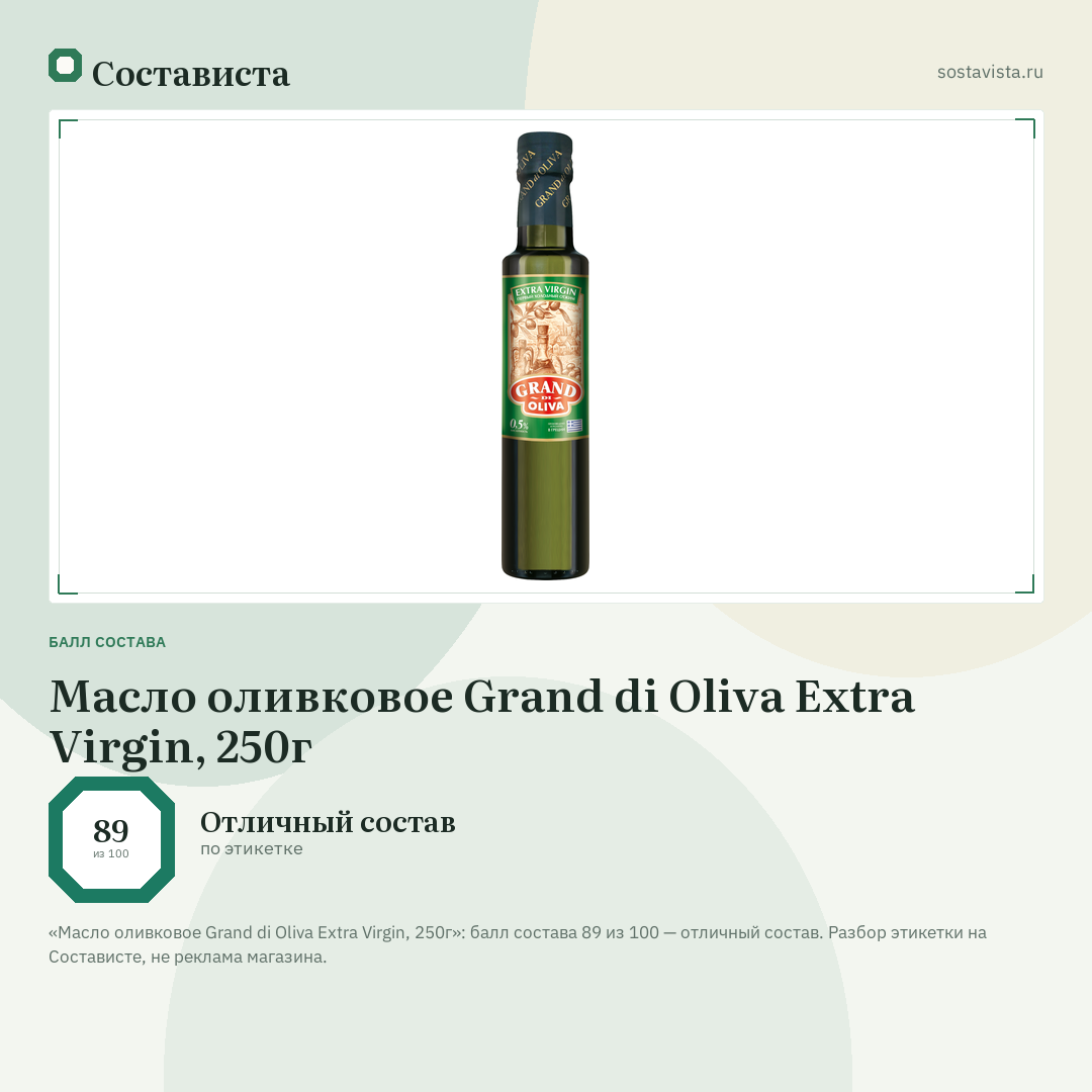 Масло оливковое Grand di Oliva Extra Virgin, 250г: балл состава 89 из 100 — Состависта