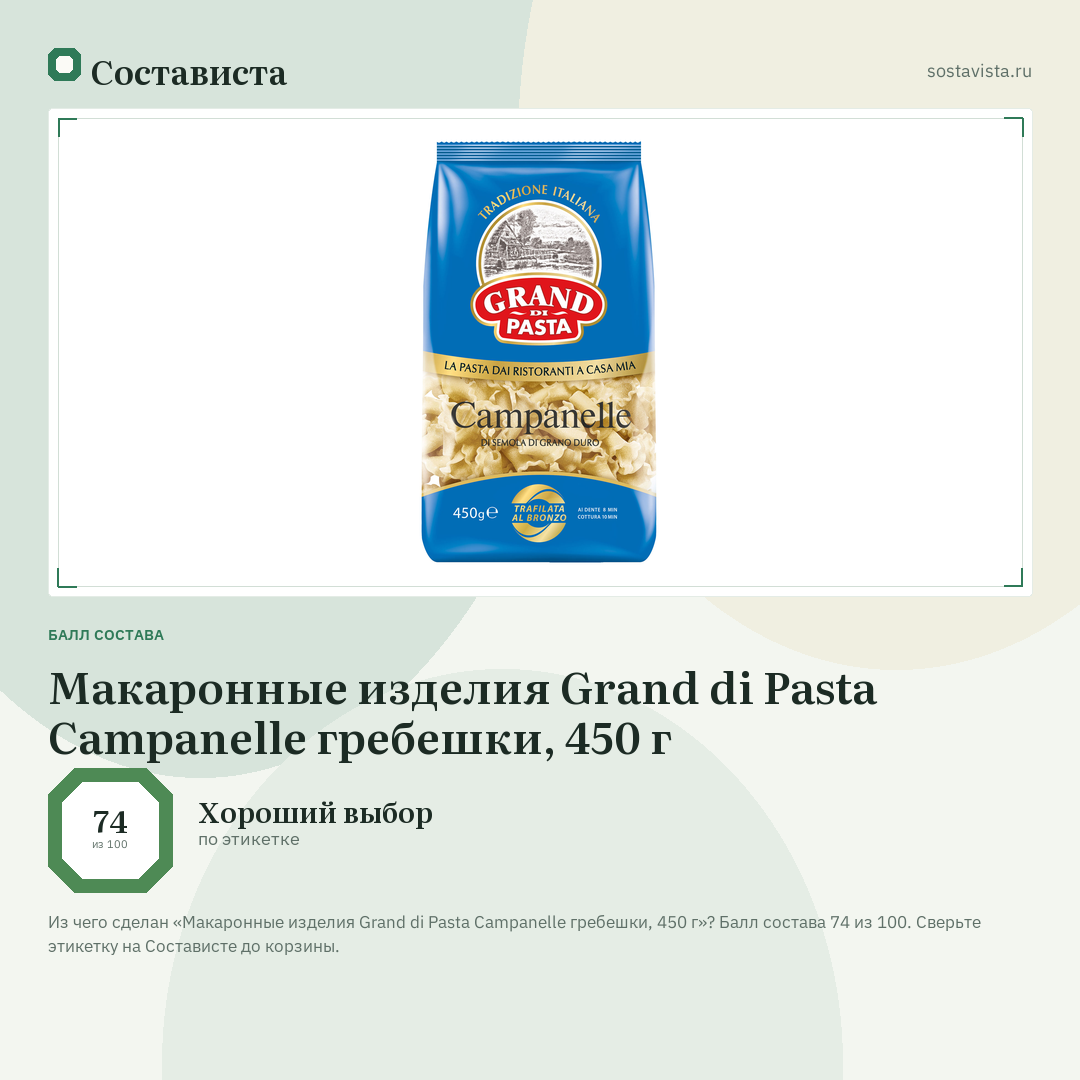 Макаронные изделия Grand di Pasta Campanelle гребешки, 450 г: балл состава 74 из 100 — Состависта