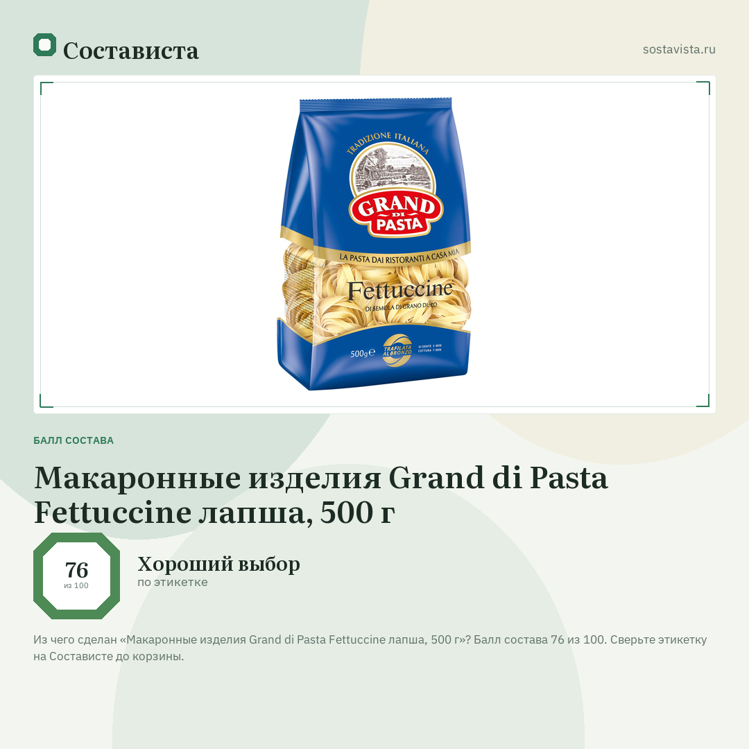 Макаронные изделия Grand di Pasta Fettuccine лапша, 500 г: балл состава 76 из 100 — Состависта
